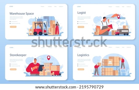 Logistic and delivery service web banner or landing page set. Idea of transportation and distribution, warehousing service. Loader in uniform delivering a cargo. Flat vector illustration