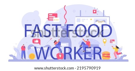 Fast food worker typographic header. Hamburger, shawarma, hot dogs and pizza restaurant. Fast food chef preparing tasty junk food. Food delivery service. Flat illustration