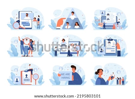 Human resources concept set. Idea of recruitment and job management. Personnel planning and management. HR manager looking for a job candidate, checking a cv. Flat vector illustration