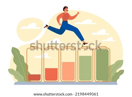 Vital energy, human energy boost concept. Character with a high level of life battery charge indicator. Active person with recharged battery. Flat vector illustration