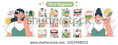 Oral hygiene concept. Dental cleaning tools preventing bad breath or halitosis. Dental hygiene, taeth anatomy. Flat vector illustration