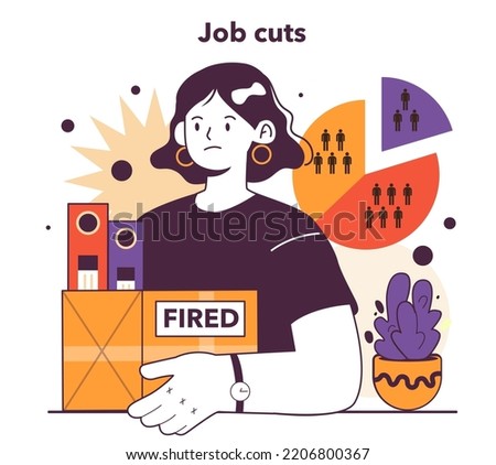 Job cuts as a recession indicator. Dismissal employee, fired female character. Significant, widespread, and prolonged economic slow down or stagnation. Flat vector illustration