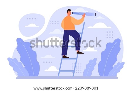 Future concept. Character searching for future opportunities, decisions, new ideas. People looking into the tommorow. Outlook, forecast or visionary. Flat vector illustration