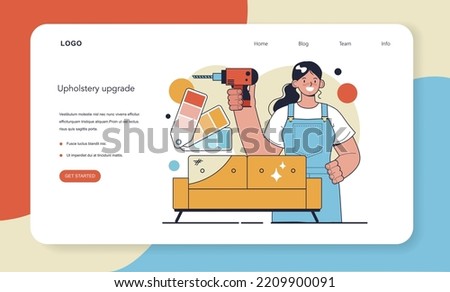 Restorer web banner or landing page. Draper restoring, decorating and painting old furniture. Draper renewing and repairing upholstery. Flat vector illustration