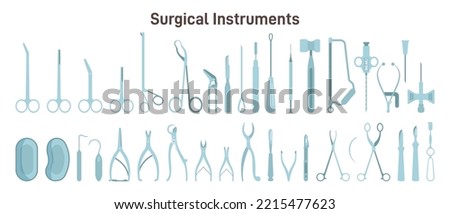 Surgical instruments set. Scissors, tweezers, scalpels , amputation knives, microsurgical forceps and clamps, needle. Sharp and sterile surgery equipment. Flat vector illustration