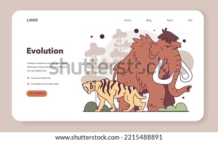 Evolution of life forms on Earth concept. Prehistoric and extinct mammals. Mammoth and saber toothed tiger, Paleolithic or Ice age creatures. Flat vector illustration