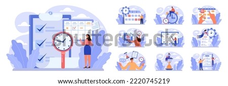 Time management concept set. Business people work day planning, deadlines managing. Idea of schedule and organization. Productive day and work optimization. Flat vector illustration