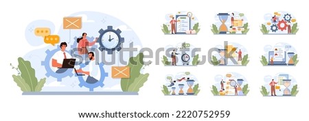 Time management concept set. Business people work day planning, deadlines managing. Idea of schedule and organization. Productive day and work optimization. Flat vector illustration