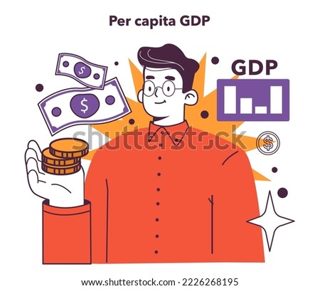 Per capita GDP concept. Growing gross domestic product. Monetary measure of the national market, earning profit index. Financial value of a country. Flat vector illustration.