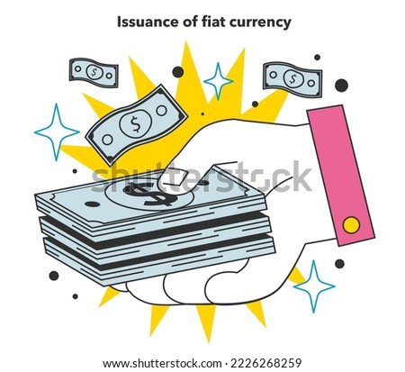 Issuance of fiat currency as a financial inflation cause. Growing up prices and value of money recession reason. Economics crisis and business risk. Flat vector illustration