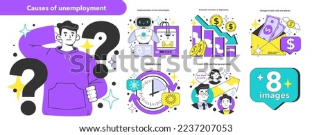 Causes of unemployment set. Economic theory, economic factors affecting the labor market. Social problem of occupancy, job offer and workplace shortening. Flat vector illustration