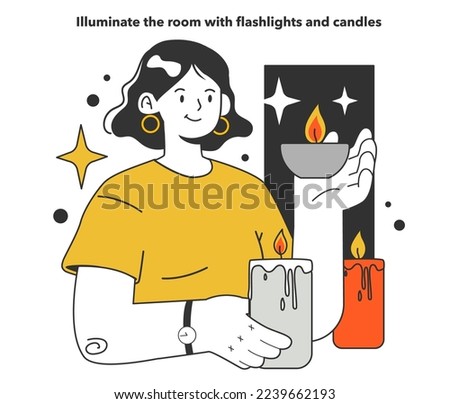 Illuminate the room with flashlights and candles in emergency situation. Energy crisis, how to live in conditions of limited energy resources. Public utilities turning off. Flat vector illustration