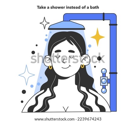 Take a shower instead of a bath for water efficiency at home. Save money on your water bill and make your house more eco-friendly. Economic recession effect. Flat vector illustration