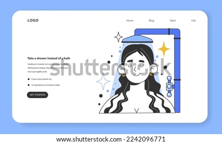 Take a shower instead of a bath for water efficiency at home web banner or landing page. Save money on your water bill and make your house more eco-friendly. Flat vector illustration