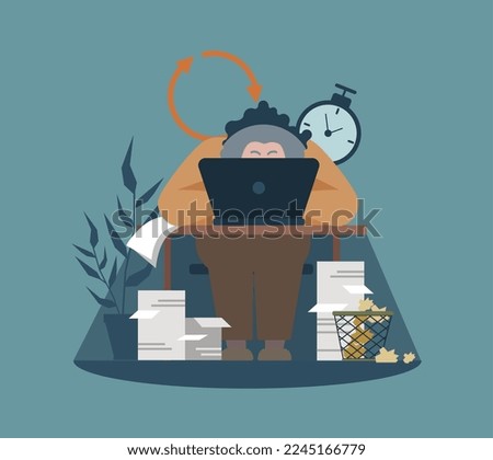 Workaholism, bad habit concept. Character with unhealthy lifestyle pattern or addiction. Overload character working all night. Flat vector illustration