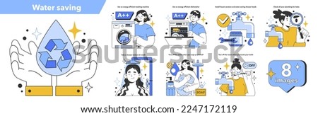 Water efficiency at home set. How to save money on your water bill, low utility costs and make your house more eco-friendly. Inflation or economic recession effect. Flat vector illustration
