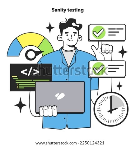 Sanity testing technique. Software testing methodology. IT specialist searching for bugs in code. Website and application development. Flat vector illustration
