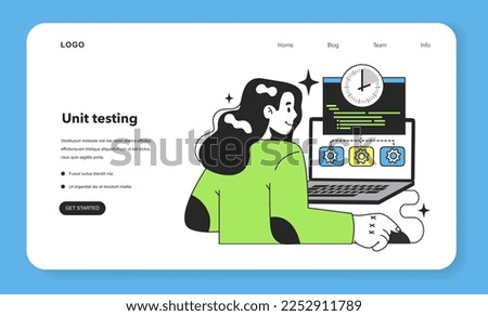 Unit testing level web banner or landing page. Software testing methodology. IT specialist searching for bugs in code. Website and application development. Flat vector illustration
