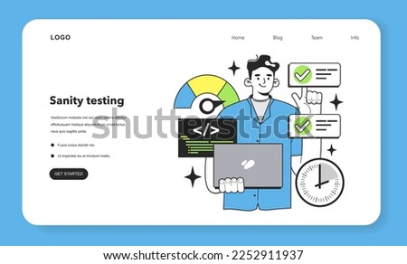 Sanity testing technique web banner or landing page. Software testing methodology. IT specialist searching for bugs in code. Website and application development. Flat vector illustration