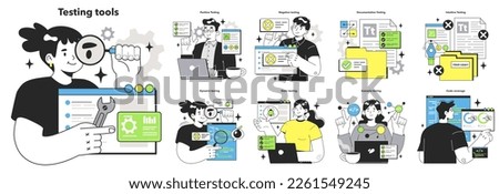 Software testing tools set. Code testing and debugging. IT specialist searching for bugs using functional methods. Website and application development. Flat vector illustration