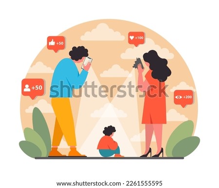 Sharent. Parents frequently sharing their child personal data and details in the internet. Mom and dad compulsively post pictures and vlogging their child on social media. Flat vector illustration