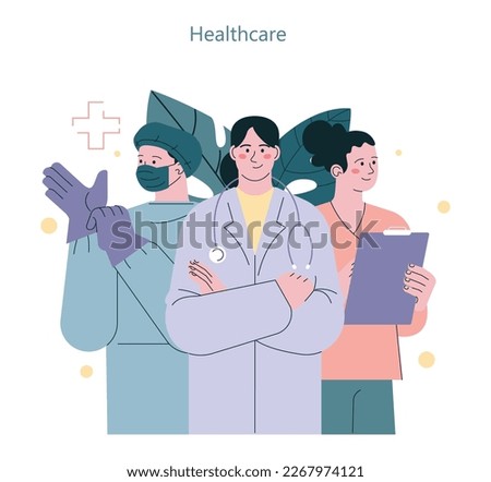 Sustainability and social responsibility. Healthcare development. Hospital workers, doctor, nurse and surgeon working towards social progress and well-being. Flat vector illustration