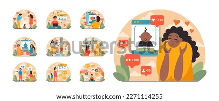 Sharent set. Parents frequently sharing their child personal data and details in the internet. Mom and dad compulsively post pictures and vlogging their child on social media. Flat vector illustration