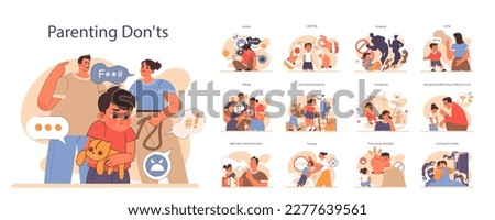 Parenting don'ts set. Verbal, emotional and physical abuse of a child. Parenthood failure. Abusive family and traumatizing childhood experience. Flat vector illustration