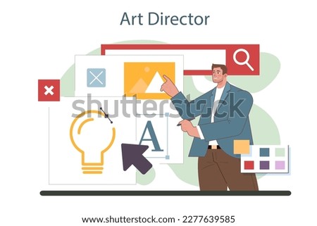 Art director. Artistic leader working on media content. Creative process, digital drawing and design for product promotion. Flat illustration vector