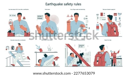 Earthquake safety rules set. Countermeasures and instruction in case of emergency. Educational banner with action and precaution advice. Flat vector illustration