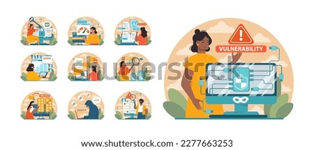 Ethical hacker set. Character conducting a security penetration test. White hat exploring vulnerabilities of code to improve cyber security. Flat vector illustration