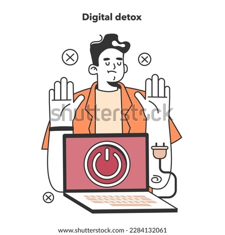 Digital detox. Character taking a break from digital device. Disconnected or turned off laptop. Breaking the internet and social media addiction. Flat vector illustration
