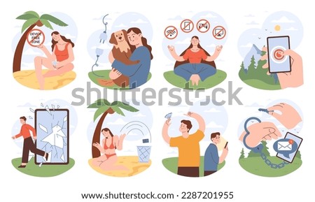 Digital detox set. Characters taking a break from digital devices. Disconnected or turned off gadget. Ballanced life and mental health. Flat vector illustration