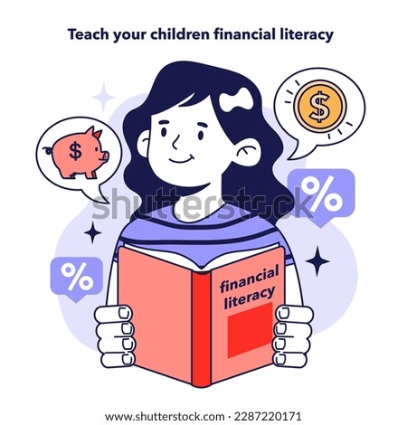 Teach your children financial literacy. Little girl studying household finance management and money saving. Financial efficiency, budgeting and economy idea. Flat vector illustration