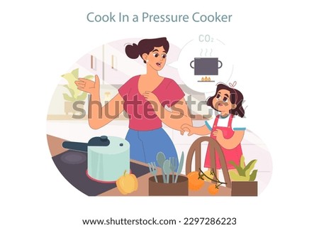 Sustainable living. Sustainability and eco-friendly tips for every-day life. Little girl learning about carbon footprint reduction. Mother prepare food with a pressure cooker. Flat vector illustration