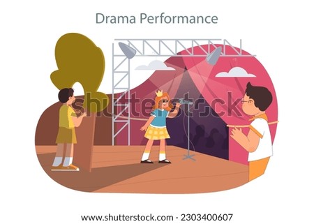 Summer camp drama performance. Happy kids enjoying holidays together, acting on a stage. Friendship and creativity development. Summer adventure. Flat vector illustration