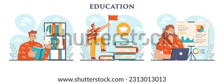 Education set. Idea of study and gaining academic knowledge. Increasing of professional competences. Learning new things for career qualification. Flat vector illustration