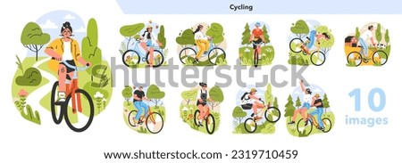 Healthy and active lifestyle set. Young characters enjoying being outside, riding a bike in the city park or countryside. Summer break activity, bicycle trip. Flat vector illustration
