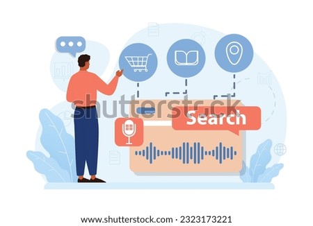 Voice search. Artificial intelligence virtual assistant. Man speaking on microphone with browser request. Voice activated identification for digital security. Flat vector illustration. 3D Illustration