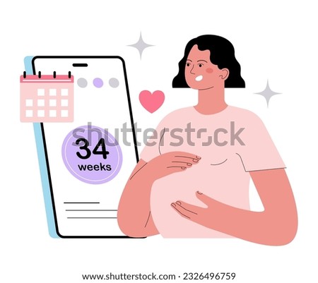 FEMTECH. Technologies, software, products and services for woman's health. Pregnant woman using pregnancy tracker application. Weeks and thrimester counting. Flat vector illustration