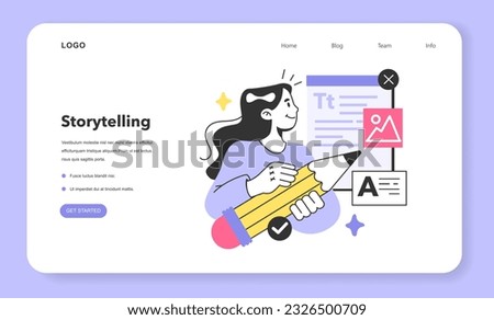 Storytelling for social media marketing and promotion campaign web banner or landing page. Woman holding a pen writing a textual content. Copywriter writing an article. Flat vector illustration
