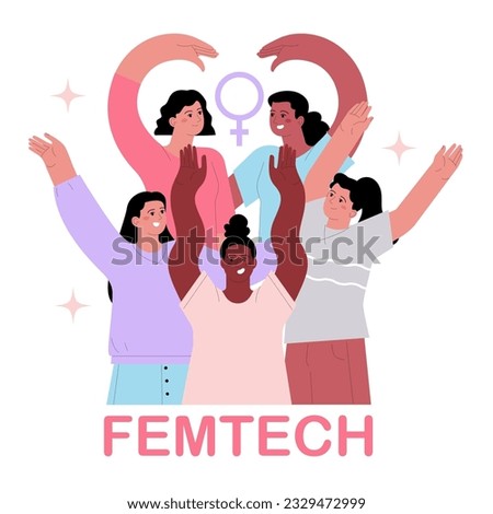 FEMTECH. Technologies, software, products and services for woman's health, wellbeing and security. Menstrual cycle, fertility, pregnancy and postpatrum support. Flat vector illustration