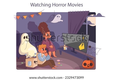 Halloween celebrating. Happy children wearing costume on a trick or treat party. Group of friends watching horror films at home. Scary night tradition. Flat vector illustration