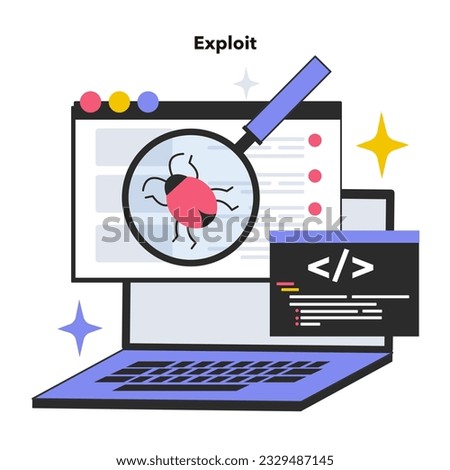Exploit software tool. Software bug or vulnerability break out. Cyber attack with malware. Vulnerability in a computer system for malicious purposes. Flat vector illustration