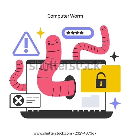 Worm cyber attack. Laptop infected with computer worm malware. Autonomously self-replicating and spreading software infect computer systems. Flat vector illustration