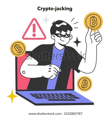Cryptojacking. Hidden unauthorized use of people's devices for cryptocurrency mining. Cybercriminal penetration, usage of computing power to generate crypto money. Flat vector illustration