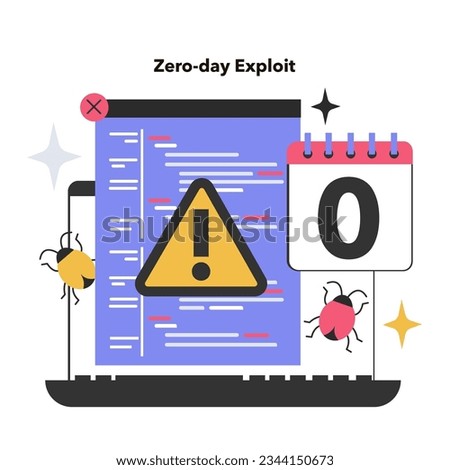 Zero-day exploit. Computer-software vulnerability. Cyber attack methodology by penetration of computer system immediately after developing using bugs. Flat vector illustration