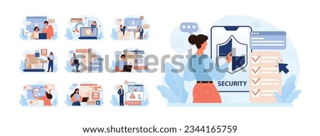 Cyber or web security set. Artificial intelligence provide data protection and database safety of a digital device. Protection of the internet access, cyber attack prevention. Flat vector illustration