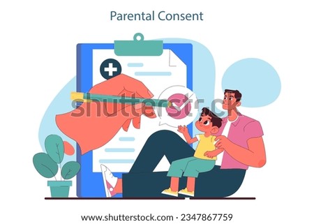 Children healthcare. Parent with kids visiting pediatrician doctor or healthcare specialist. Doctor consultation on baby physical and mental health. Parents' consent. Flat vector illustration