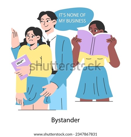 School bullying. Bystander ignored a victim being bullied and harassed. Humiliation and violence witness. Social violence problem. School verbal or physical abuse. Flat vector illustration